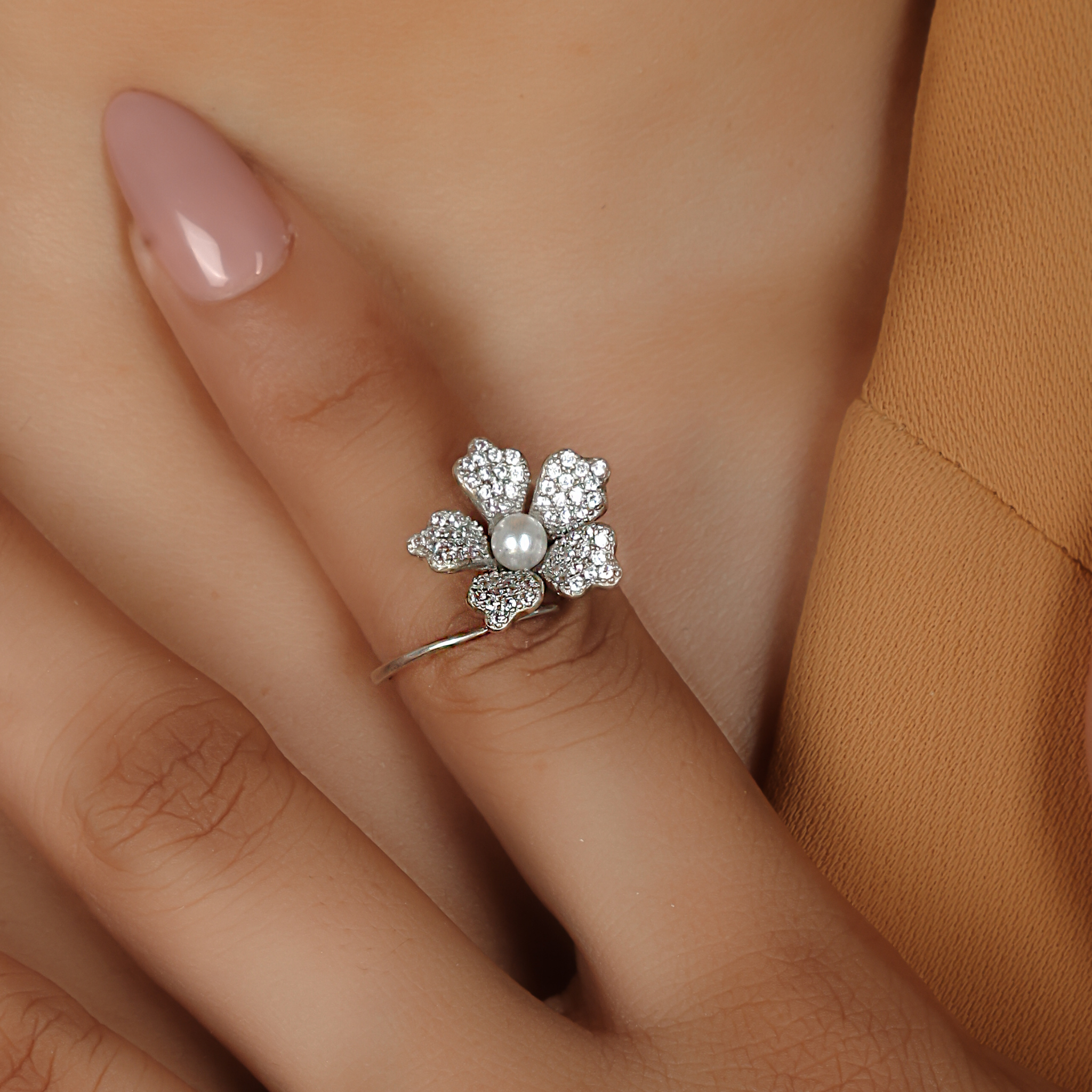 Daisy Pearl Stone Engagement Ring, Hallmarked 925 Sterling Silver White Gold